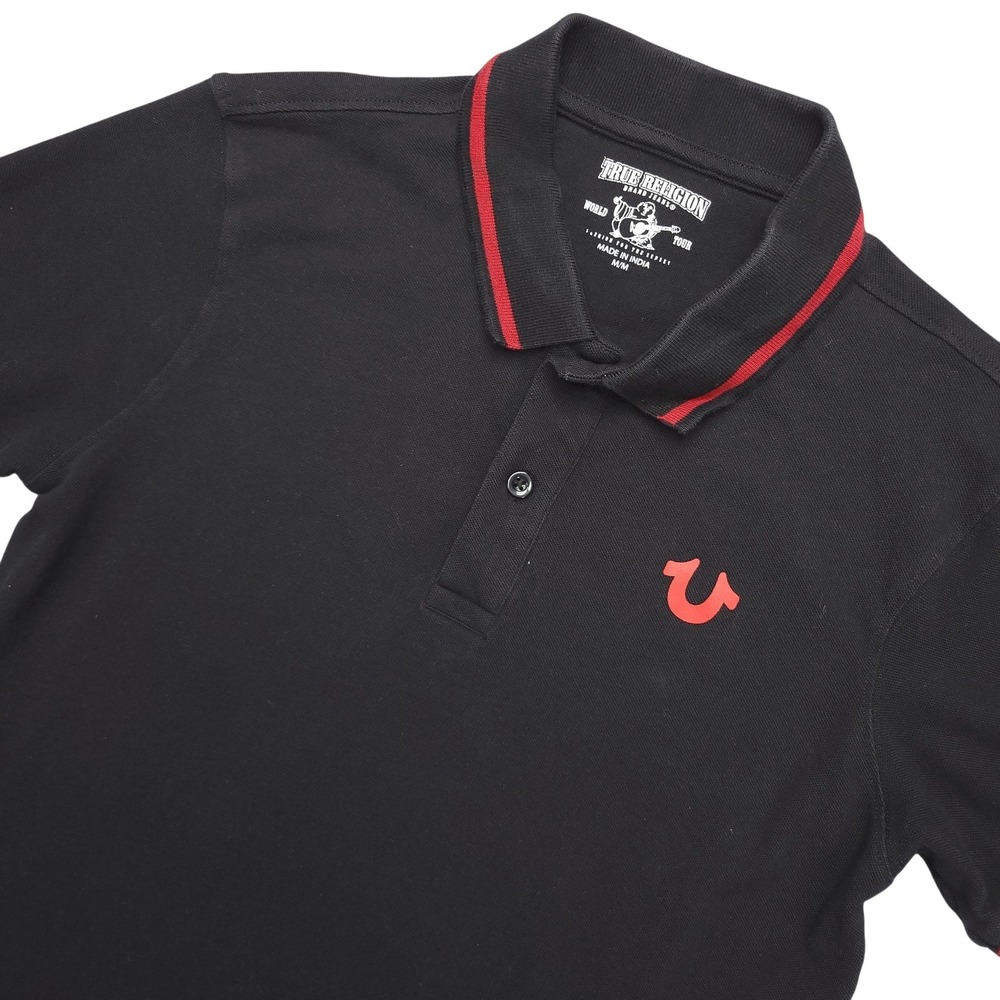 True Religion Polo Shirt Mens M Black Crafted With Pride Logo Back Graphic Top